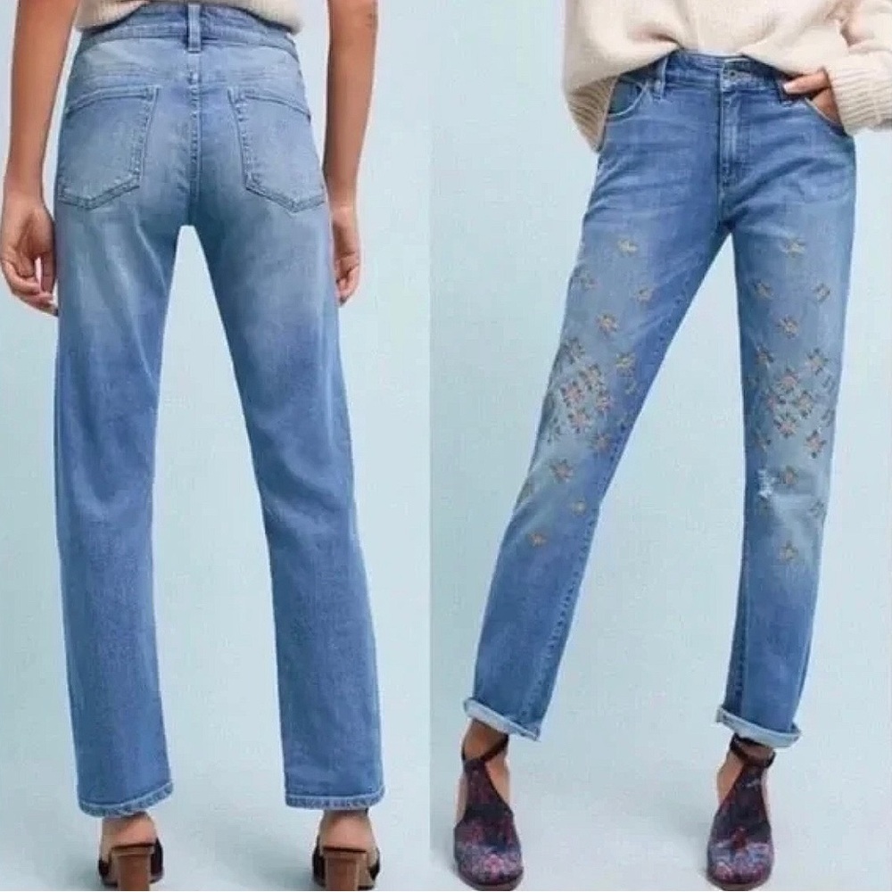 Anthropologie Pilcro and the Letterpress Embroidered Boyfriend Jeans 24 Petite - Picture 2 of 2